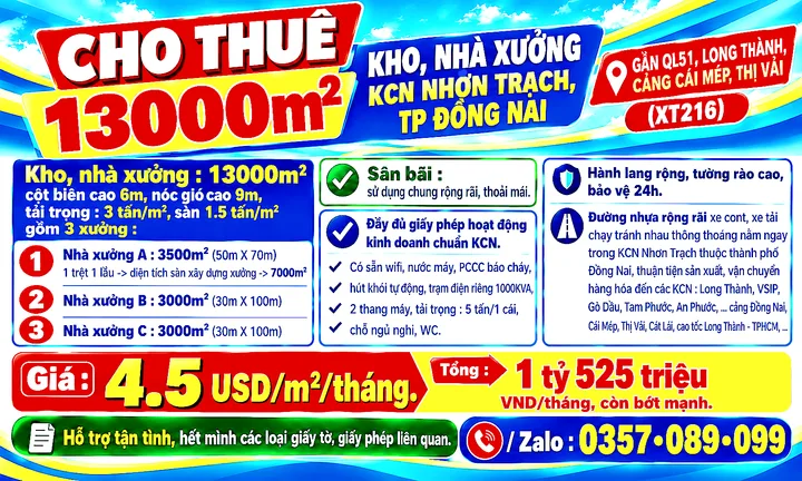 13000m2 CHO THUÊ KHO, NHÀ XƯỞNG KCN NHƠN TRẠCH, ĐỒNG NAI GẦN QL51, LONG THÀNH CẢNG CÁI MÉP, THỊ VẢI