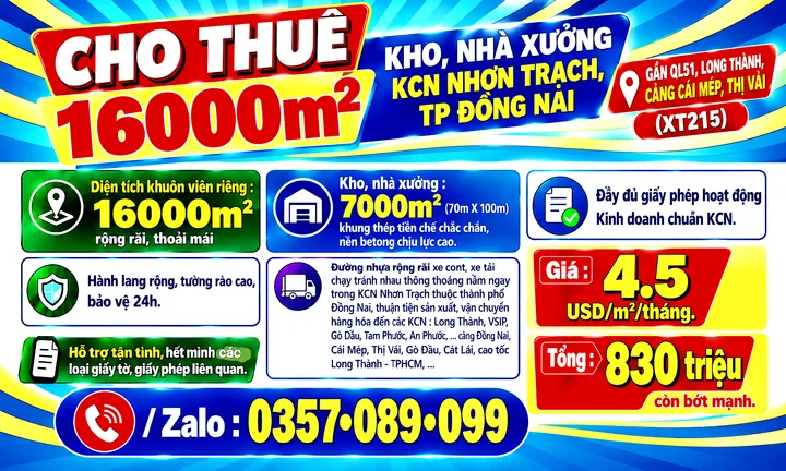 16000m2 CHO THUÊ KHO, NHÀ XƯỞNG KCN NHƠN TRẠCH, ĐỒNG NAI GẦN QL51, LONG THÀNH CẢNG CÁI MÉP, THỊ VẢI
