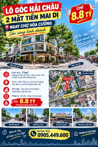 ĐẤT LÔ GÓC HẢI CHÂU ĐÀ NẴNG- GÓC MAI DỊ NGAY TIỂU LA VÀ CHỢ HÒA CƯỜNG-8,8 TỶ-MẶT TIỀN 5,3M