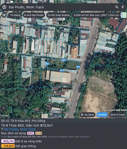Đất mặt tiền đường Trần Văn Trà gần cầu Cát Lái - Nhơn Trạch - Thành phố Đồng Nai / Diện tích 972 m2 (đã có 300 m2 đất thổ cư)