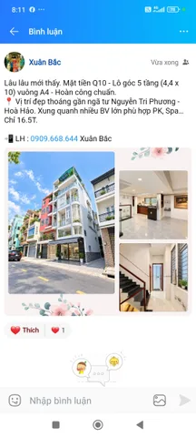 Lâu lâu mới thấy. Mặt tiền Q10 - Lô góc 5 tầng (4,4 x 10) vuông A4 - Hoàn công chuẩn. 
📍 Vị trí đẹp thoáng gần ngã tư Nguyễn Tri Phương - Hoà Hảo. Xung quanh nhiều BV lớn phù hợp PK, Spa…