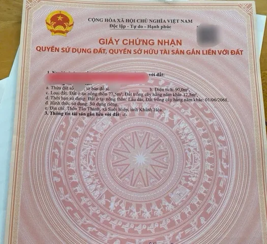 Bán Đất 90m2 có sẵn 77.5 m2 thổ cư giá 900 triệu tại Xã Suối Hiệp Huyện Diên Khánh Khánh Hòa