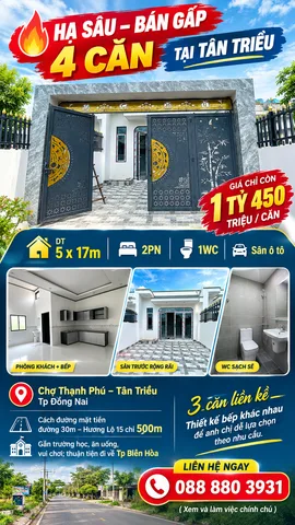HẠ SÂU – BÁN GẤP 4 - TẠI TÂN TRIỀU
DT 5 x 17m | 2PN | 1WC | sân ô tô