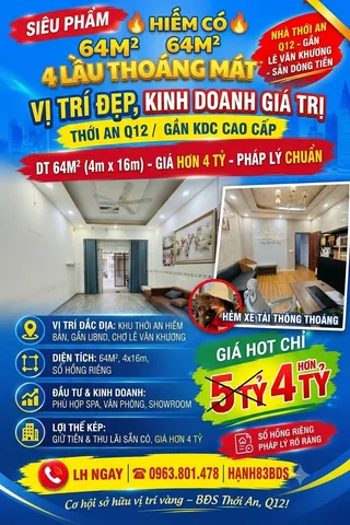 Bán Nhà riêng 64m2 có sẵn 64 m2 thổ cư giá 4.8 tỷ tại Đường Lê Văn Khương Phường Thới An Quận 12 TP. Hồ Chí Minh