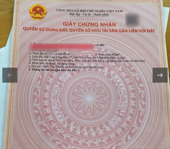 Bán Đất 90m2 có sẵn 90 m2 thổ cư giá 900 triệu tại Xã Suối Hiệp Huyện Diên Khánh Khánh Hòa