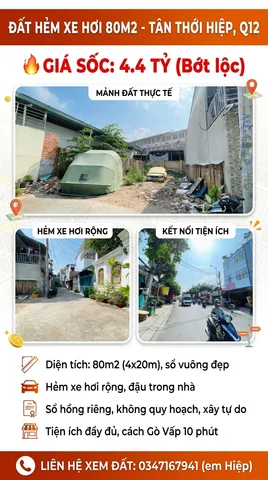 🔥 GIẢM CÒN 4.4 T.Ỷ – ĐẤT TÂN THỚI HIỆP 14 – HXH – 80M² – SỔ VUÔNG A4
