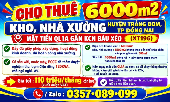 6000m2 CHO THUÊ KHO, NHÀ XƯỞNG HUYỆN TRẢNG BOM, TP ĐỒNG NAI, MẶT TIỀN QL1A GẦN KCN BÀU XÉO (XT196)