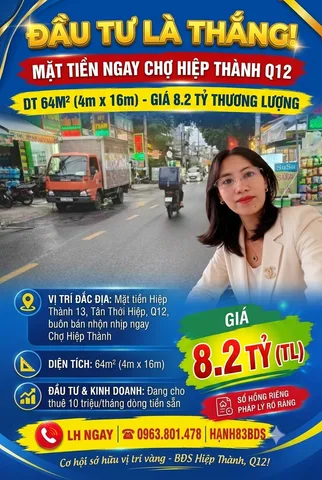 Bán Nhà mặt tiền 64m2  giá 8.2 tỷ tại Đường Nguyễn Ảnh Thủ Ngay chợ Hiệp Thành