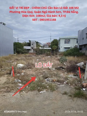 ĐẤT VỊ TRÍ ĐẸP - CHÍNH CHỦ Cần Bán Lô Đất 108 M2 Phường Hòa Quý, Quận Ngũ Hành Sơn, TP.Đà Nẵng.