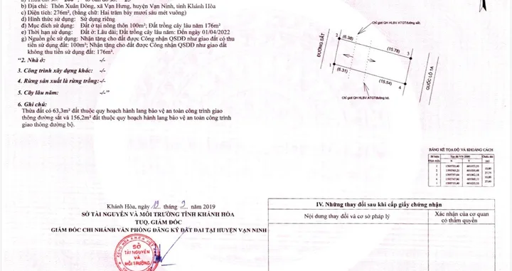 Bán Đất 276m2 có sẵn 100 m2 thổ cư giá 5.8 tỷ tại Đường Quốc Lộ 1A Xã Vạn Hưng Huyện Vạn Ninh Khánh Hòa