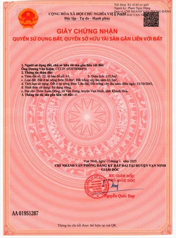 Bán Đất 112.5m2 có sẵn 50 m2 thổ cư giá 2.36 tỷ tại Xã Vạn Hưng Huyện Vạn Ninh Khánh Hòa