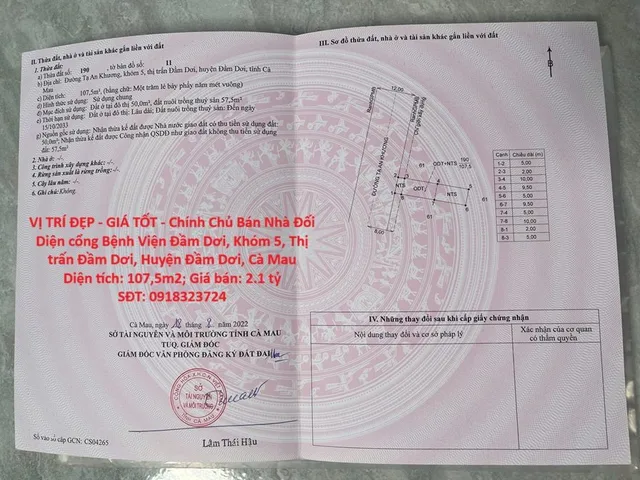 VỊ TRÍ ĐẸP - GIÁ TỐT - Chính Chủ Bán Nhà Đối Diện cổng Bệnh Viện Đầm Dơi, Cà Mau