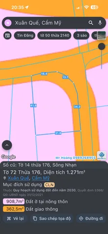Bán Đất 1271m2 có sẵn 908 m2 thổ cư giá 2.8 tỷ tại Xã Sông Nhạn Huyện Cẩm Mỹ Đồng Nai