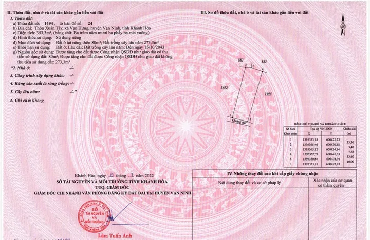 Bán Đất 353m2 có sẵn 80 m2 thổ cư giá 2.47 tỷ tại - Chọn - Xã Vạn Ninh Khánh Hòa