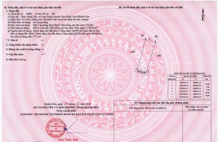 Bán Đất 353.3m2 có sẵn 80 m2 thổ cư giá 2.47 tỷ tại Xã Vạn Hưng Huyện Vạn Ninh Khánh Hòa