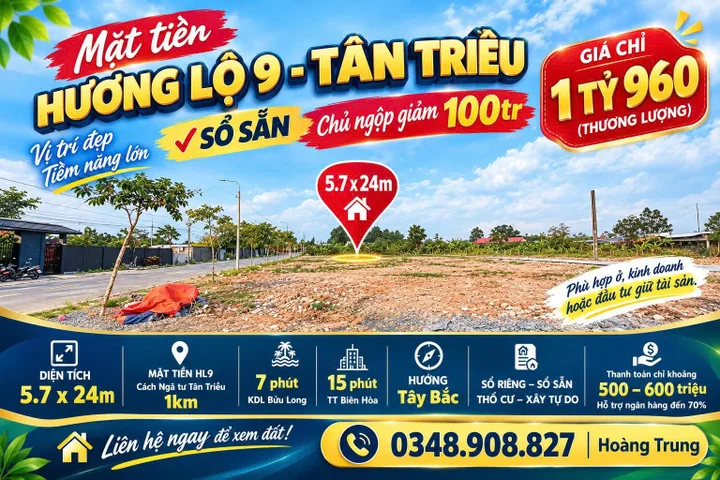 🔥 MẶT TIỀN HƯƠNG LỘ 9 – TÂN TRIỀU | SỔ SẴN – CHỦ NGỘP GIẢM 100 TRIỆU 🔥