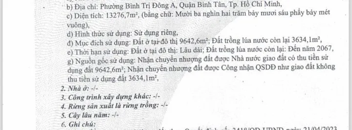 🔥 13.277M² ĐẤT ĐƯỜNG TÂY LÂN --CÓ 9643M2 THỔ CƯ – NGANG 102M × DÀI 130M – BÌNH TRỊ ĐÔNG A, BÌNH TÂN – 350 TỶ 🔥
