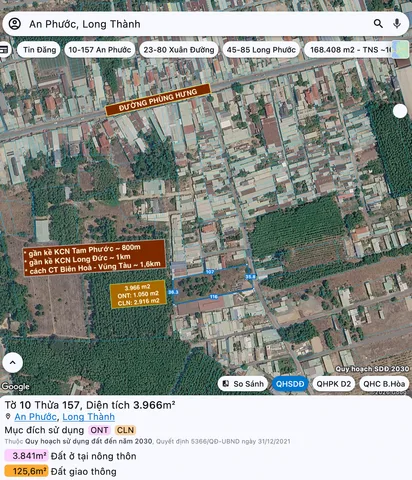 Diện tích 3.966 m2 đất nhà vườn (đã có 1.050 m2 thổ cư) gần kề khu công nghiệp Tam Phước - Long Thành - Thành phố Đồng Nai