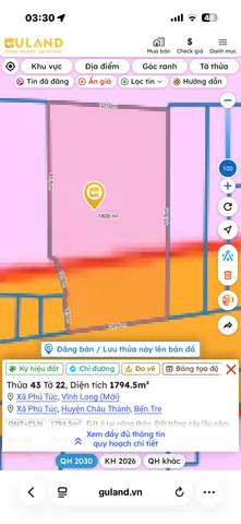 Bán Đất 1794.5m2 có sẵn 300 m2 thổ cư giá 10 tỷ tại Xã Phú Túc Huyện Châu Thành Bến Tre