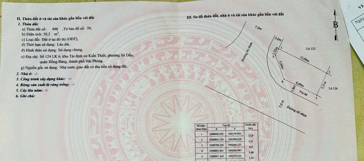 09.2026.Bán lô góc 58m2 giá 4,77 tỷ tại Phường Sở Dầu Quận Hồng Bàng Hải Phòng. liên hệ 0362558882
