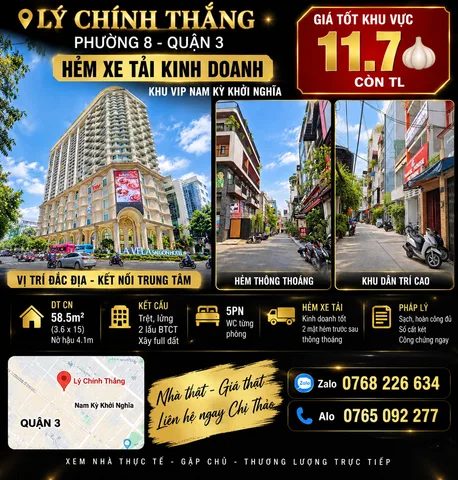Bán Nhà riêng 60m2 có sẵn 60 m2 thổ cư giá 11.7 tỷ tại Đường Lý Chính Thắng Phường 08 Quận 3 TP. Hồ Chí Minh