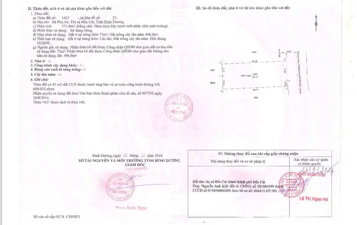 Bán Đất 571m2 có sẵn 75 m2 thổ cư giá 3.9 tỷ tại Xã Phú An Thị xã Bến Cát Bình Dương