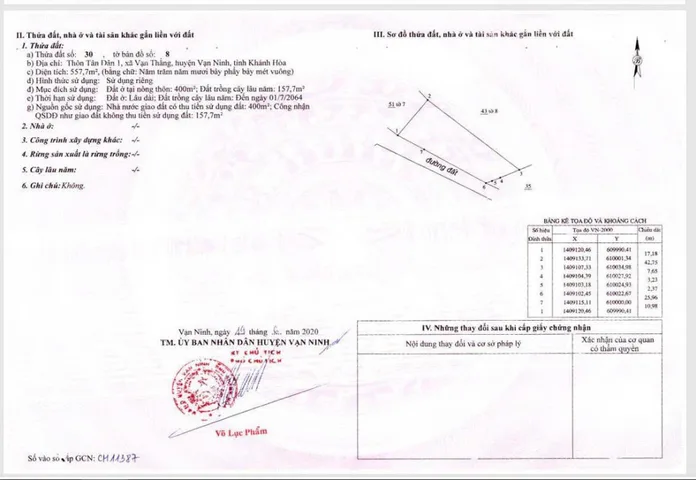 Bán Đất 557.7m2 có sẵn 400 m2 thổ cư giá 6.8 tỷ tại Xã Vạn Thắng Huyện Vạn Ninh Khánh Hòa