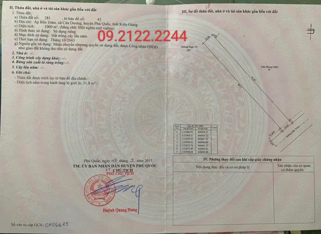 Bán Đất 1000m2 Ngang 10m MT Bến Tràm giá 5.5 tỷ tại Xã Cửa Dương Đặc Khu Phú Quốc An Giang