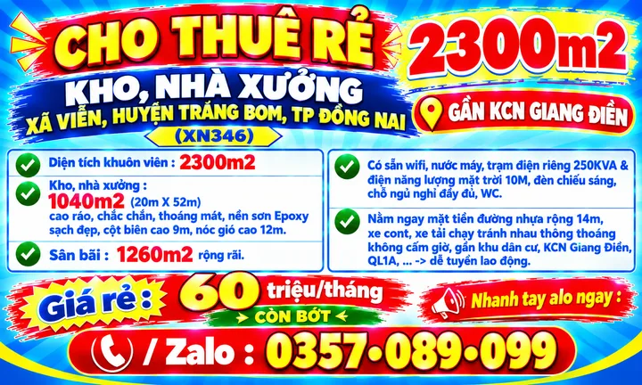 2300m2 CHO THUÊ RẺ KHO, NHÀ XƯỞNG XÃ VIỄN, HUYỆN TRẢNG BOM TP ĐỒNG NAI GẦN KCN GIANG ĐIỀN, TAM PHƯỚC