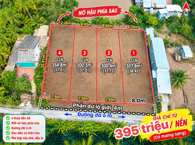 Bán Đất 300m2 giá 395 triệu Gần  Đường Tỉnh Lộ 905 - Đường  lô 4 ( chợ Khu )- Xã Song Phú Vĩnh Long