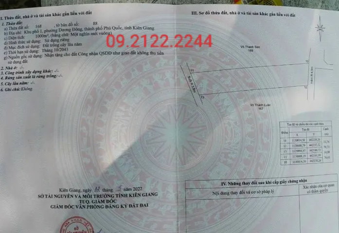 Bán Đất 1000m2 đường 30/4 KP1 Ngành 13.8m giá 12 tỷ tại Thị trấn Dương Đông Đặc Khu Phú Quốc An Giang