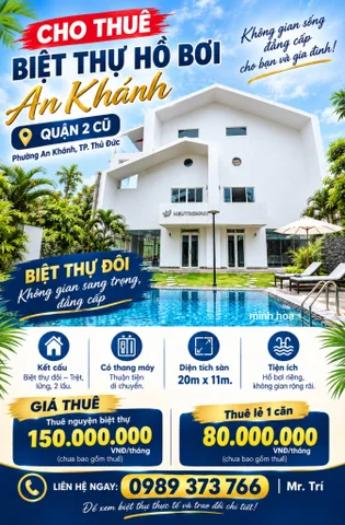 Cho thuê Biệt thự hồ bơi đường 12, An Khánh (Q2) Thủ Đức, diện tích 220m2, 12 phòng ngủ, có thang máy, khu sống đẳng cấp Q2 (0989373766)