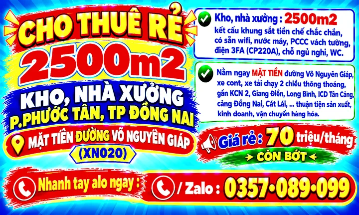 2500m2 CHO THUÊ RẺ KHO, NHÀ XƯỞNG P.PHƯỚC TÂN, TP ĐỒNG NAI, MẶT TIỀN ĐƯỜNG VÕ NGUYÊN GIÁP (XN020)