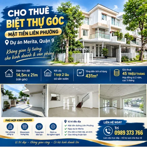 45 triệu - Cho thuê biệt thự MT Liên Phường dự án Merita Quận 9, diện tích 14,5x21m, sàn trống suốt chỉ vào bố trí kinh doanh theo nhu cầu (0989373766)