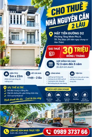 (30 triệu) Chủ gửi căn nhà mặt tiền 1 trệt 2 lầu  đường D2 Tăng Nhơn Phú A, diện tích 5x22m, thích hợp kinh doanh đa ngành nghề, đường lộ lớn, khu dân cư đông đúc (0989373766)