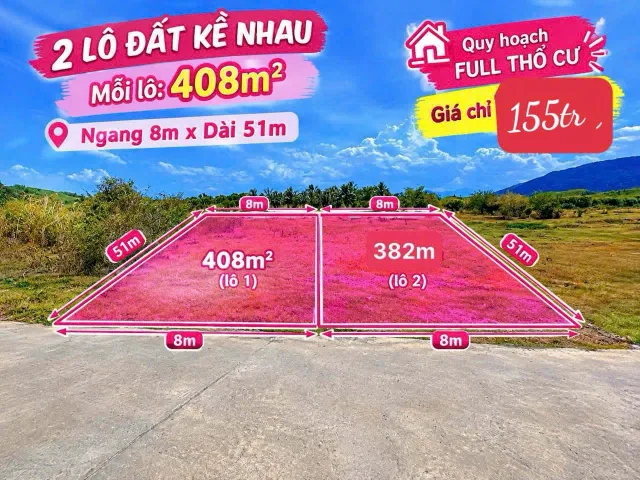BÁN 2 LÔ ĐẤT LIỀN KỀ Ở KHÁNH HIỆP , KHÁNH VĨNH . DT 400m2 /LÔ , QH ONT . GIÁ CỰC RẺ CHỈ 155 TRIỆU/LÔ