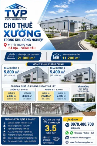 Cho thuê 2600m2 ,2800m2 ,3000m2 ,5400m2 Kho Xưởng trong KCN Châu Đức Bà Rịa - Vũng Tàu
