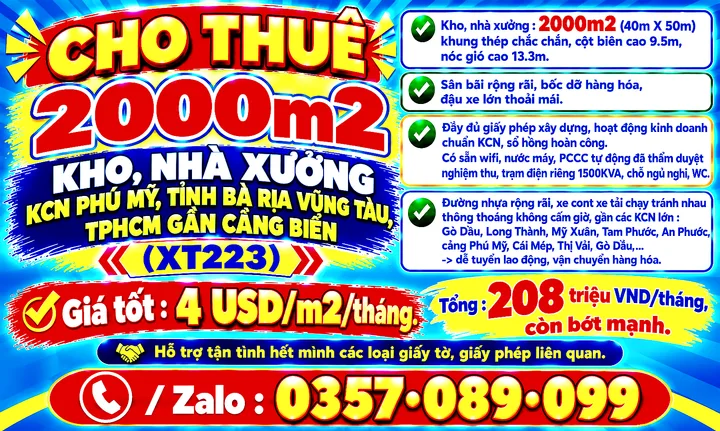 2000m2 CHO THUÊ KHO, NHÀ XƯỞNG KCN PHÚ MỸ, TỈNH BÀ RỊA VŨNG TÀU, TPHCM GẦN CẢNG BIỂN (XT223)