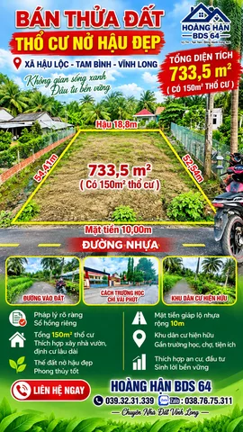 Bán Đất 733m2 có sẵn 150 m2 thổ cư giá 700 triệu tại Đường Nhựa - ( xã Hậu Lộc cũ )- Xã Cái Ngang Vĩnh Long