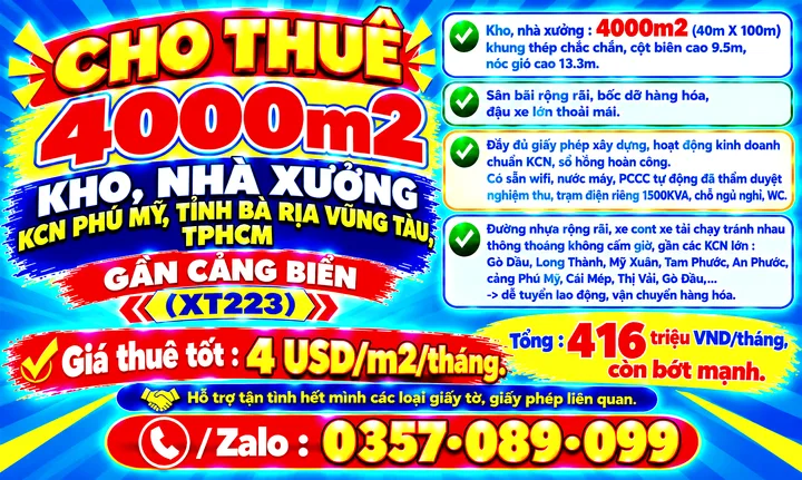 4000m2 CHO THUÊ KHO LOGISTICS, NHÀ XƯỞNG KCN PHÚ MỸ, TỈNH BÀ RỊA VŨNG TÀU, TPHCM GẦN CẢNG BIỂN (XT222)