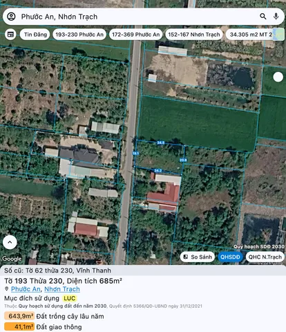 Diện tích 685 m2 đất nông nghiệp mặt tiền đường đê Ông Kèo - Vĩnh Thanh - Thành phố mới Nhơn Trạch