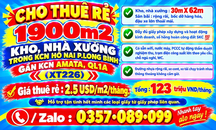 1900m2 CHO THUÊ KHO, NHÀ XƯỞNG TRONG KCN HỐ NAI P.LONG BÌNH GẦN KCN AMATA, QL1A