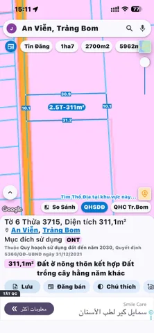 Bán Đất biệt thự 311m2(10mx30m) có sẵn 311 m2 thổ cư kế bên khu công nghiệp giang điền giá 2.5 tỷ tại Xã An Viễn Huyện Trảng Bom Đồng Nai
