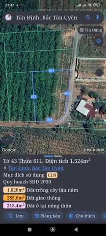 Bán Đất 1524m2 giá 1.3 tỷ tại Xã Tân Định Huyện Bắc Tân Uyên Bình Dương