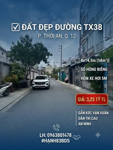 Bán Đất 60m2 có sẵn 60 m2 thổ cư giá 3.25 tỷ tại Đường Hà Huy Giáp Phường Thạnh Xuân Quận 12 TP. Hồ Chí Minh