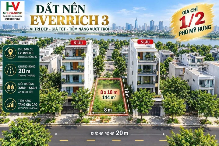 BDS HVL [NC]  Đất Nhà Phố: 8x18 m  - 22,4 tỷ - -thương lượng giá tốt nhất khu Everrich 3 chỉ 1/2 Phú Mỹ Hưng đường rộng 20 m