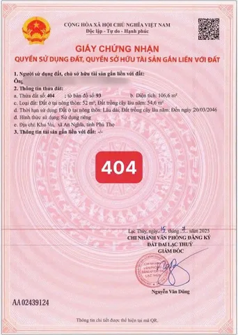 Bán Đất 106.6m2 có sẵn 50 m2 thổ cư giá 300 triệu tại - Chọn - Xã An Nghĩa Phú Thọ