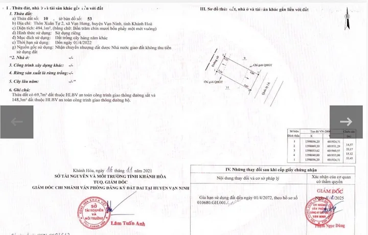 Bán Đất 494m2 có sẵn 360 m2 thổ cư giá 11.86 tỷ tại Xã Vạn Hưng Huyện Vạn Ninh Khánh Hòa