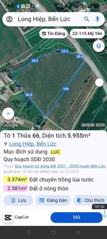Đất lúa 6000m2 view kênh, gần cầu Ông Hiệu, Long Hiệp, Bến Lức, Long An, giá 2 tỷ/ công TLCC