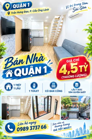 Chỉ 4,5 tỷ - Bán nhà Trần Hưng Đạo Quận 1 kết cấu 1 trệt 1 lầu, sổ hồng, nhà đẹp vào ở ngay (0989373766)